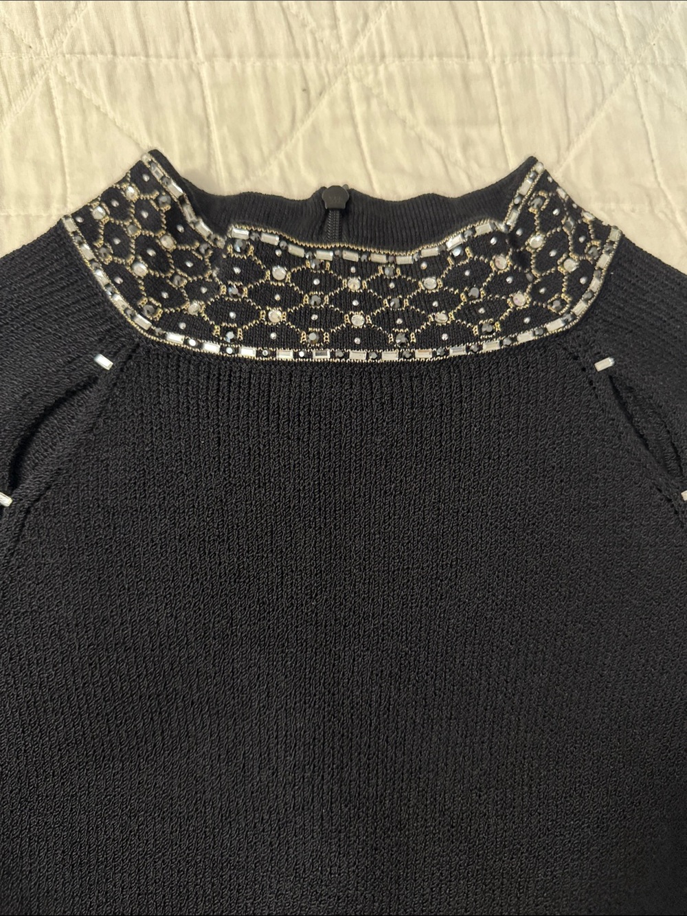 St. John Black Long-Sleeve Knit Dress with Jeweled Collar and Sleeves -Size 8 - Picture 3 of 11